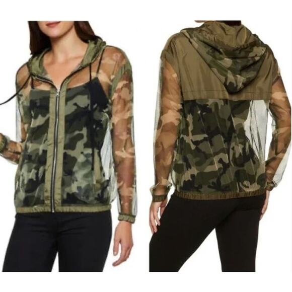 SHINESTAR WOMENS GREEN CAMO MESH FULL ZIP HOODIE SIZE LARGE SHEER HOODED JACKET - Picture 1 of 13